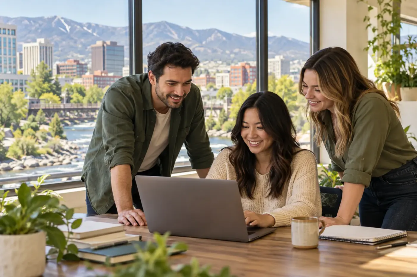 Team working at a laptop in a Reno office