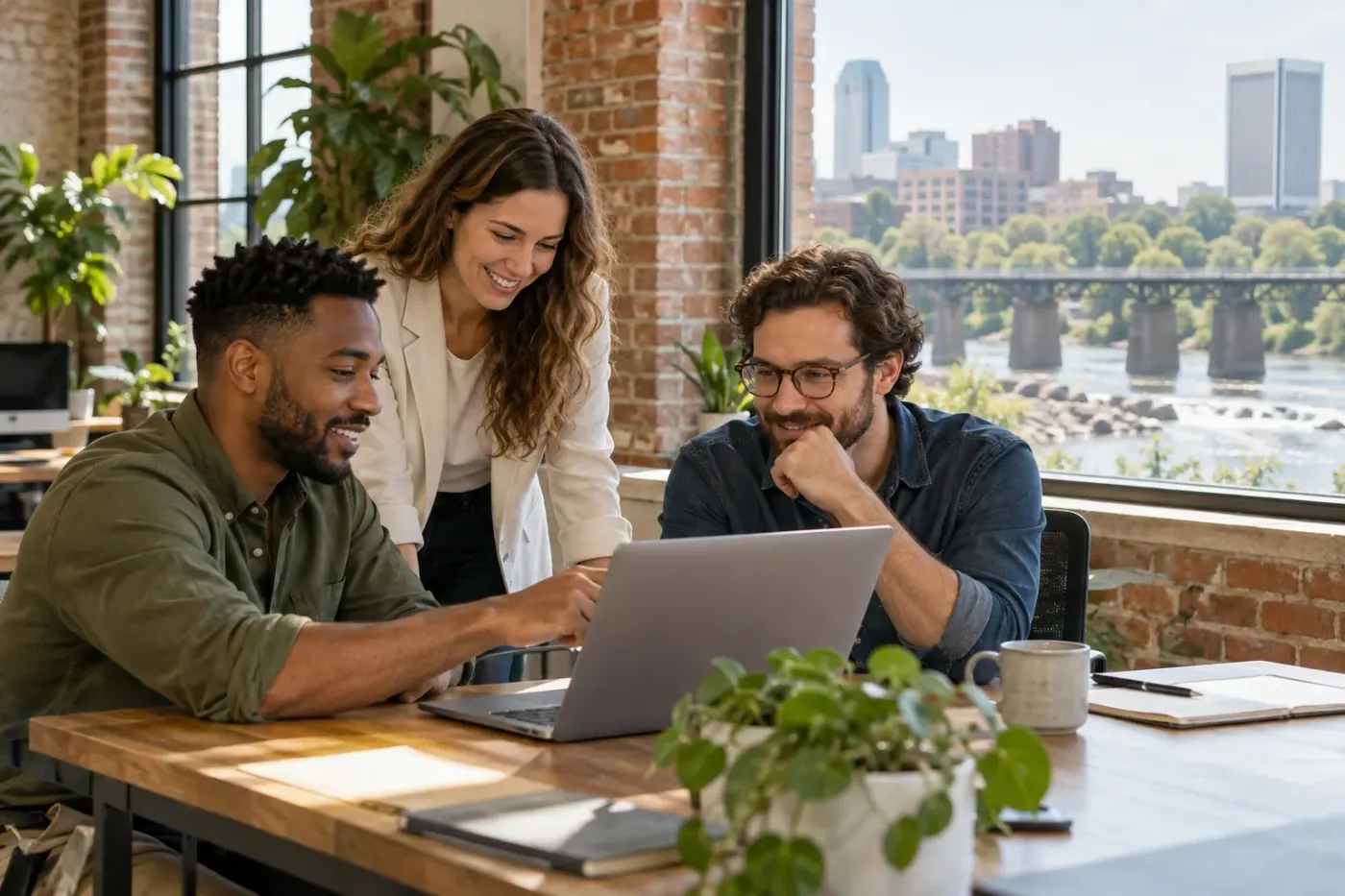 Team working at a laptop in a Richmond office