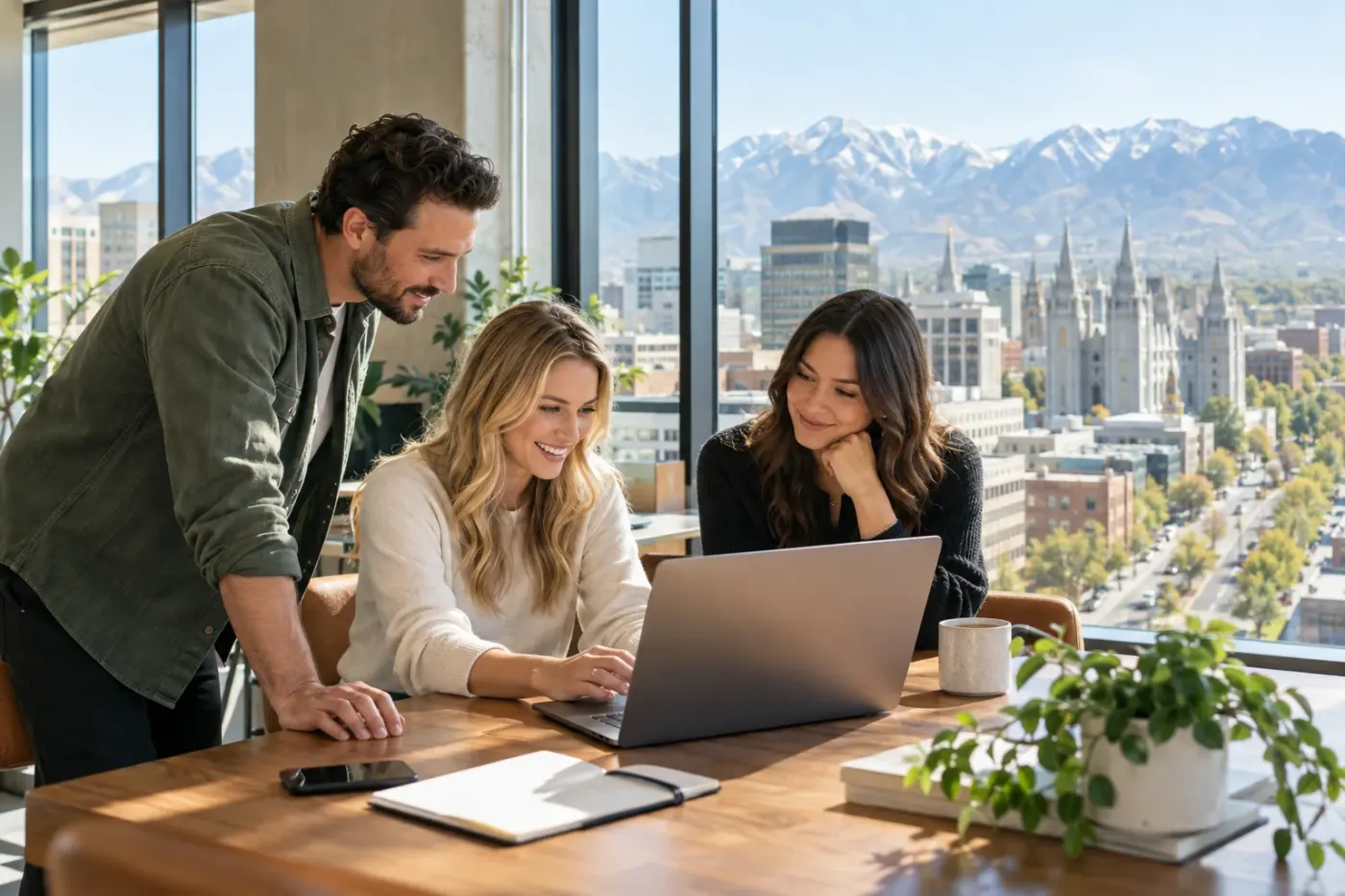 Team working at a laptop in a Salt Lake City office