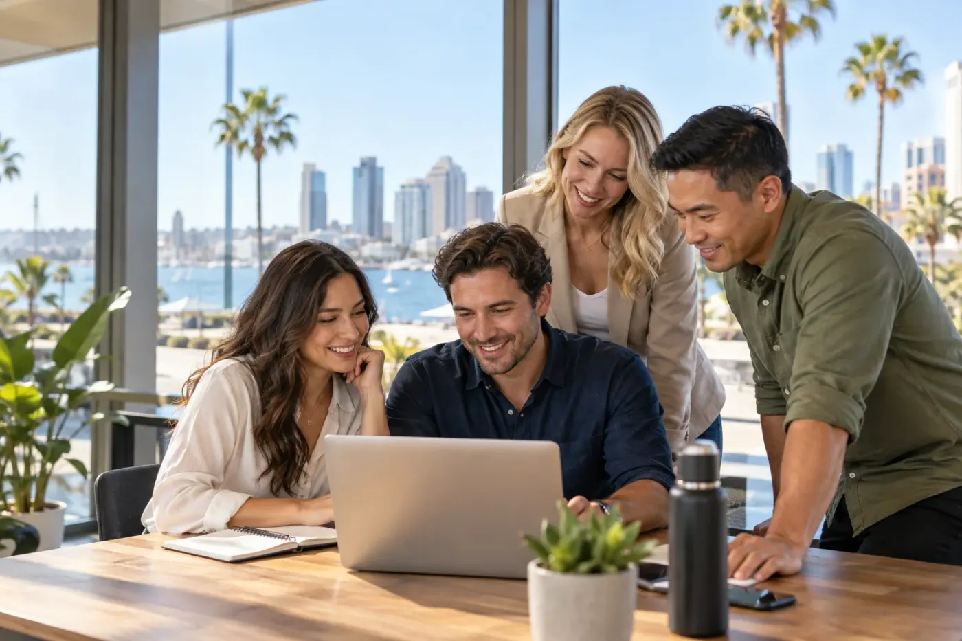 Team working at a laptop in a San Diego office