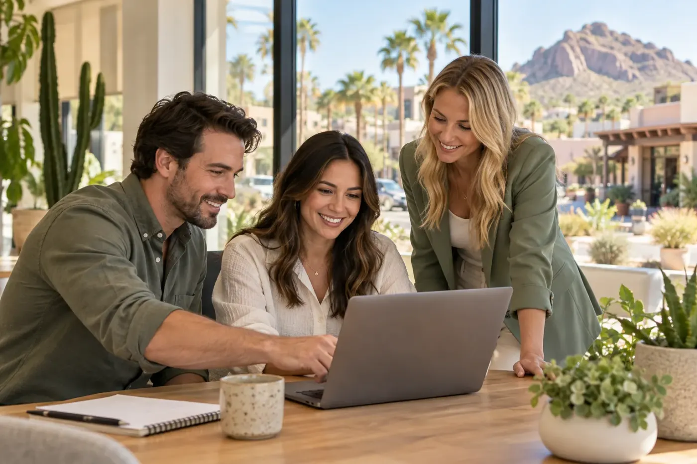 Team working at a laptop in a Scottsdale office