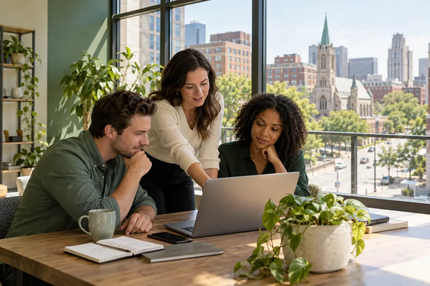 Team working at a laptop in a St. Louis office