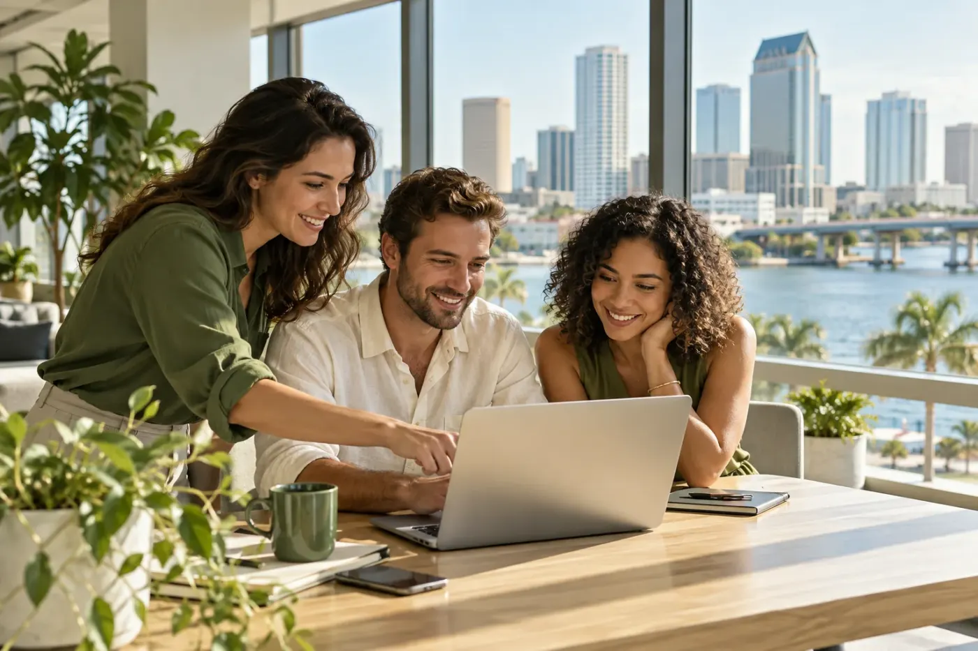 Team working at a laptop in a Tampa office by the water