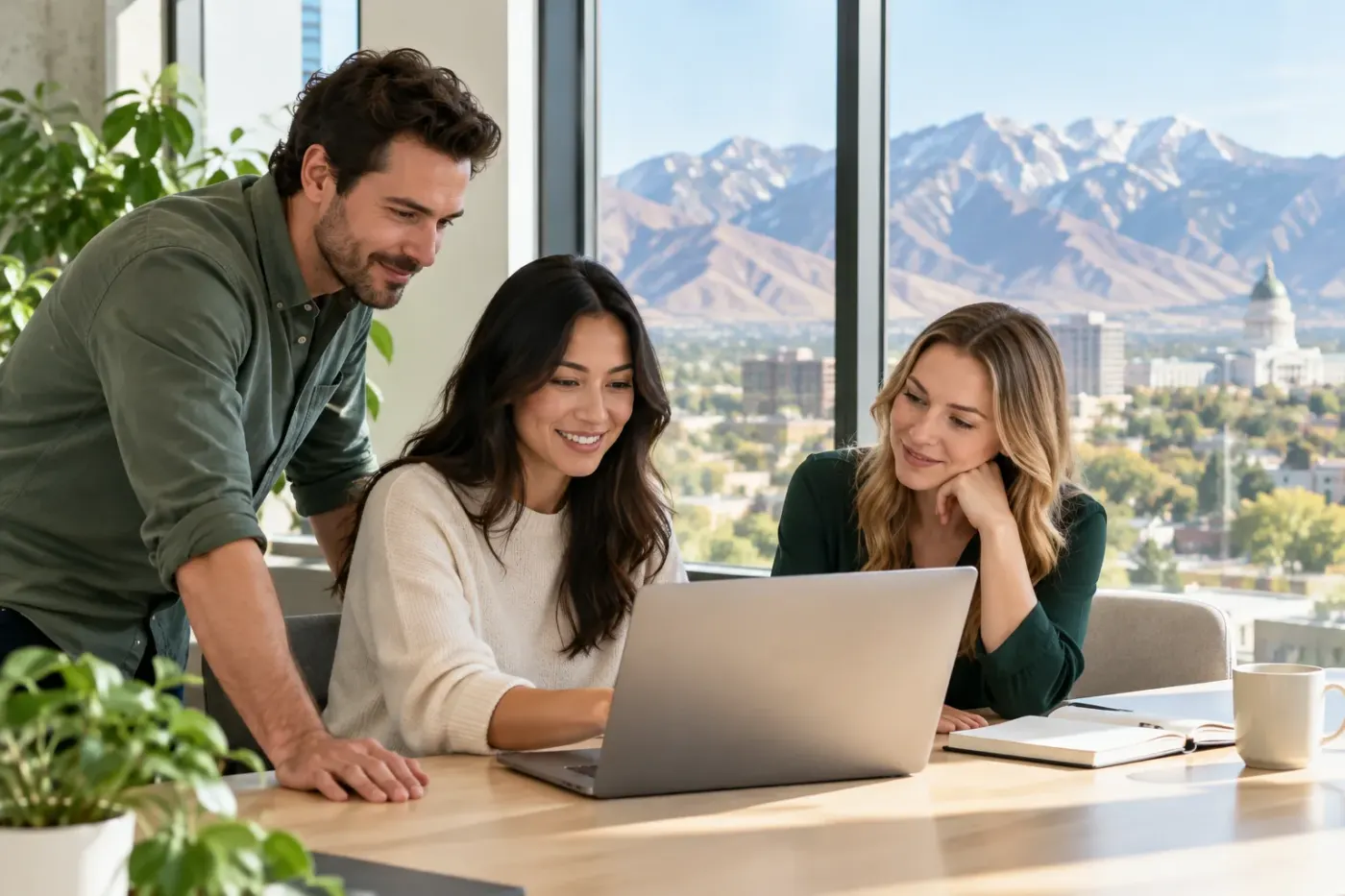Team working at a laptop in a Utah office