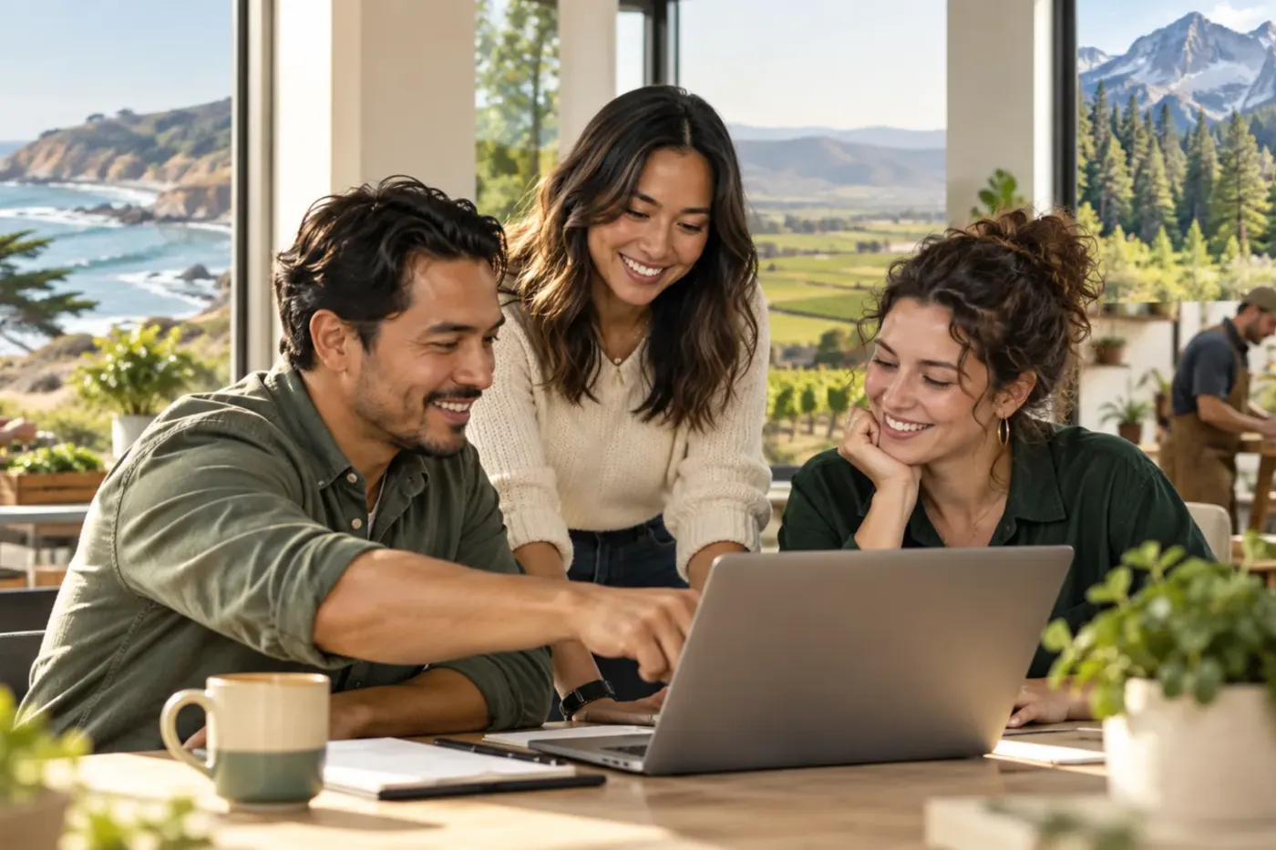 Team working at a laptop in a Virginia Beach office