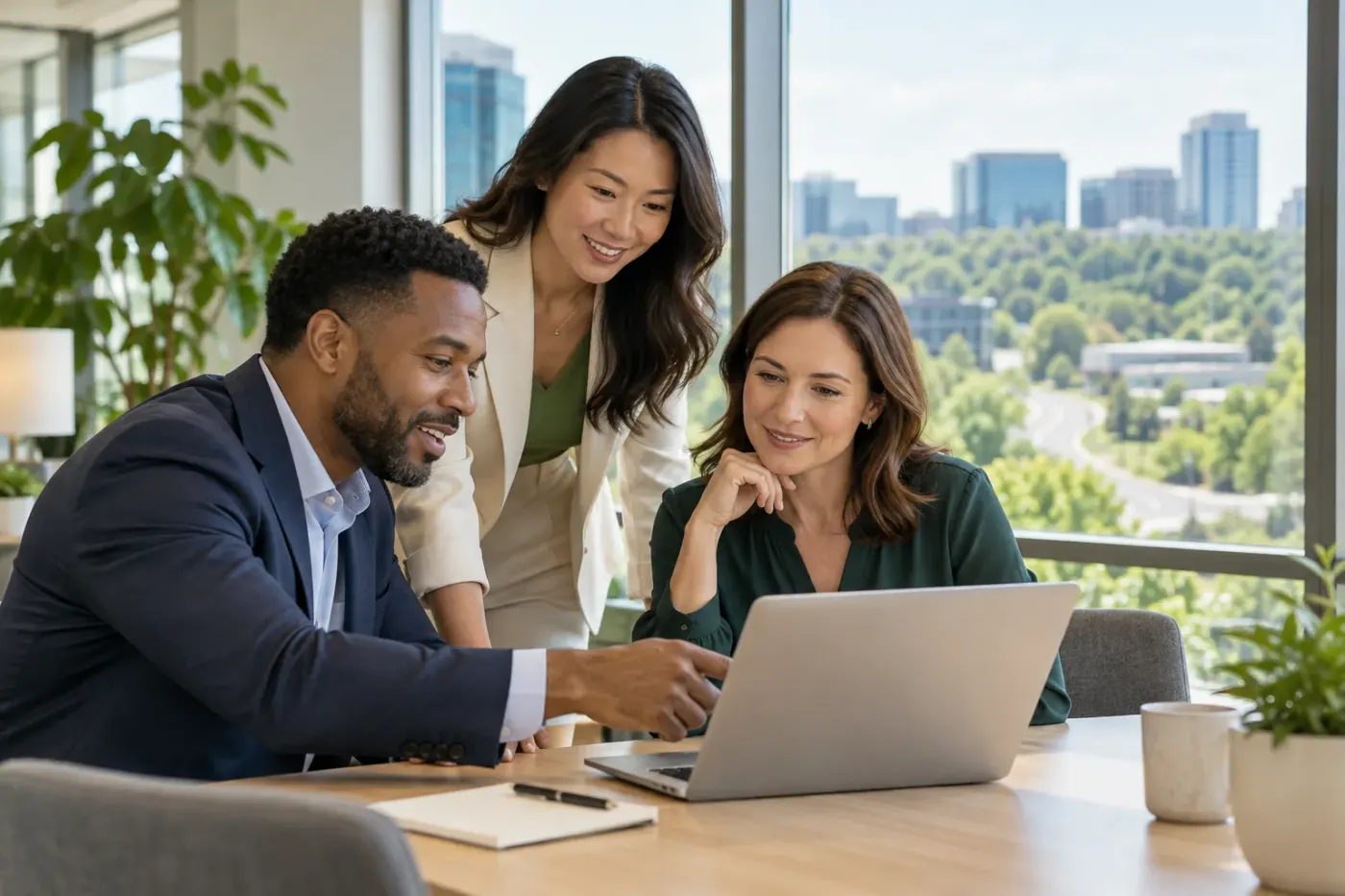 Team working at a laptop in a Virginia office