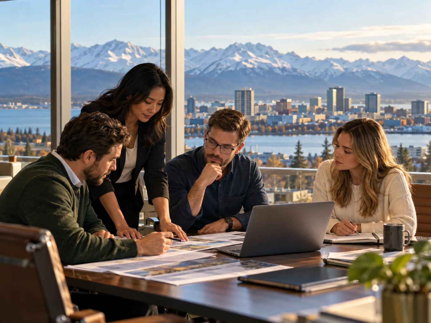 Team working at laptops in an Alaska office