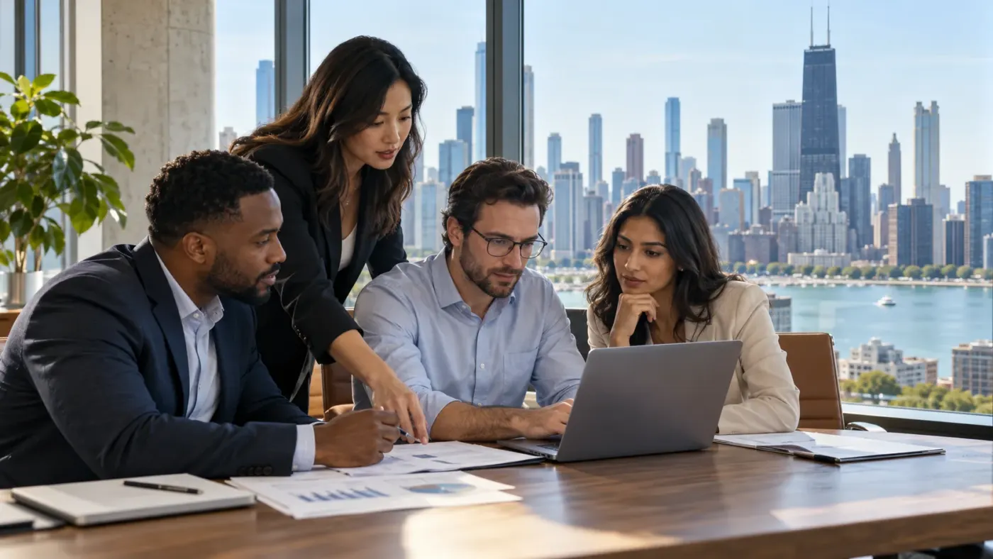 Team working at laptops in a Chicago office with a skyline view