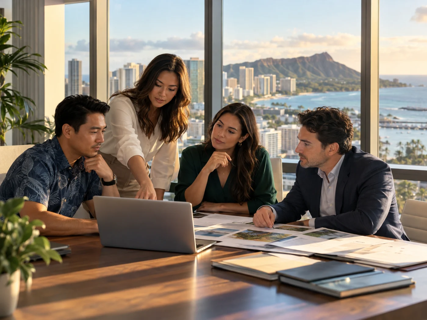 Team working at laptops in a Hawaii office
