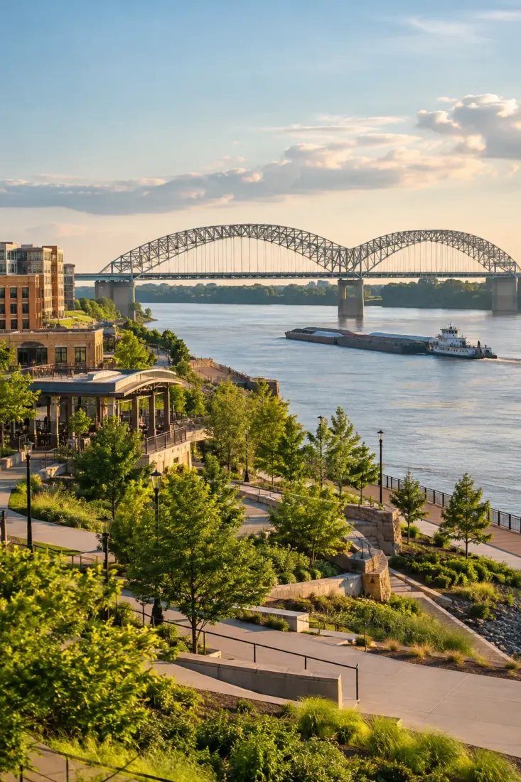 Memphis riverfront and Mississippi River bridge