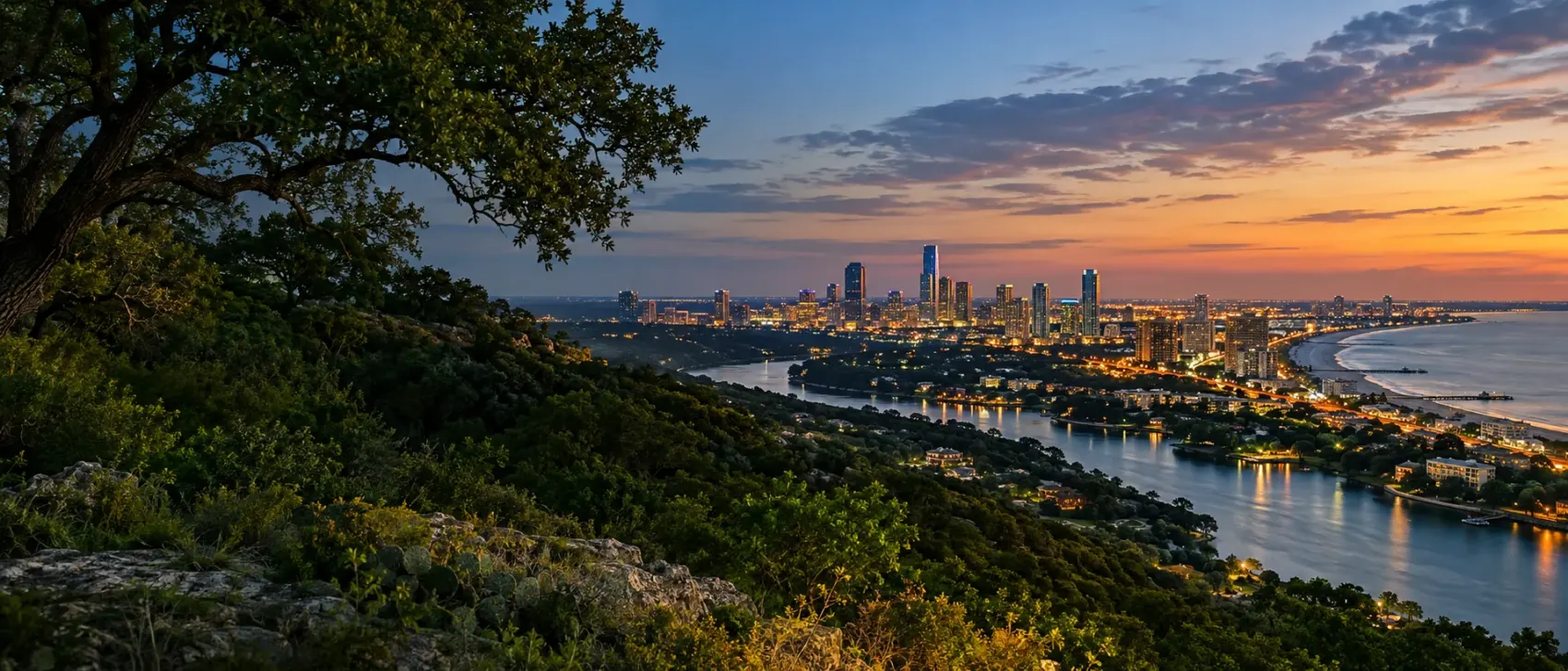 Texas city lights at dusk across the hills
