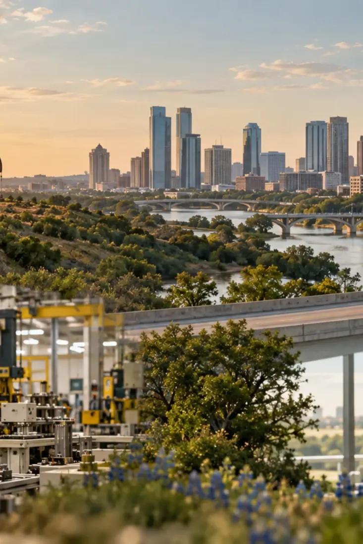 Texas city skyline above industry and hills