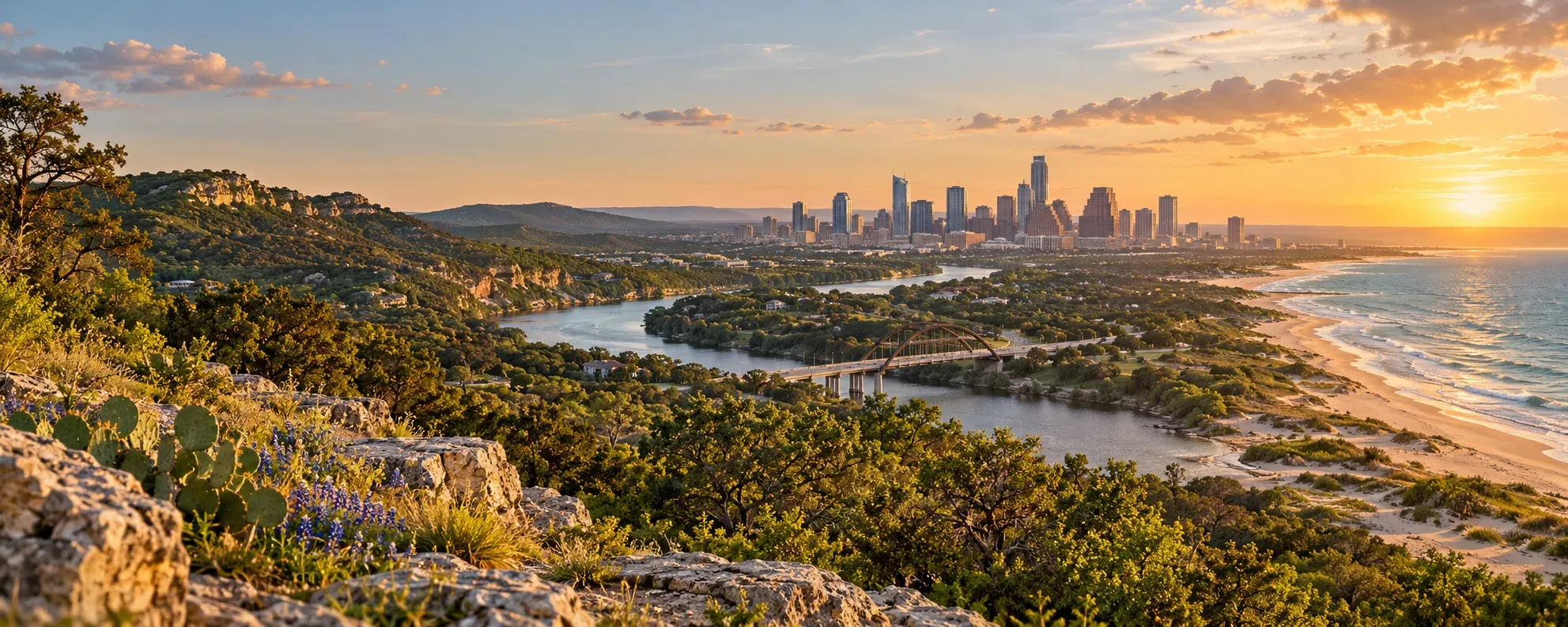 Texas Hill Country and city skyline at sunset, where DevSolutionsAI provides AI services in Texas