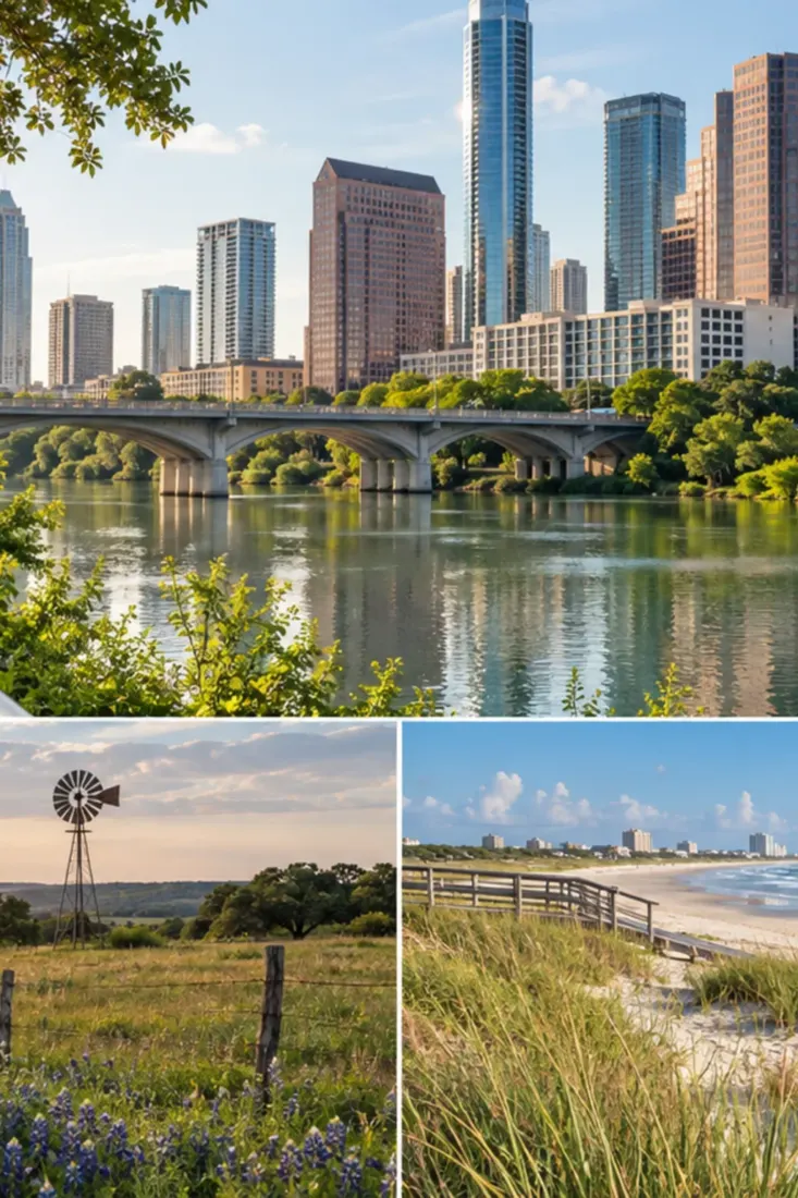 Texas skyline, ranch land and coast