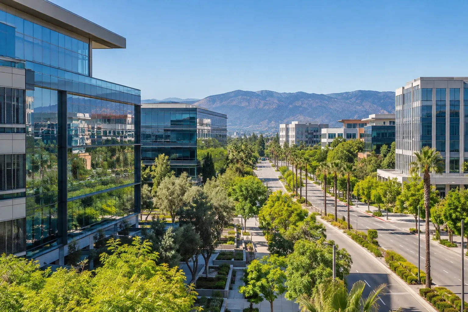Tree-lined boulevard with glass offices in San Jose