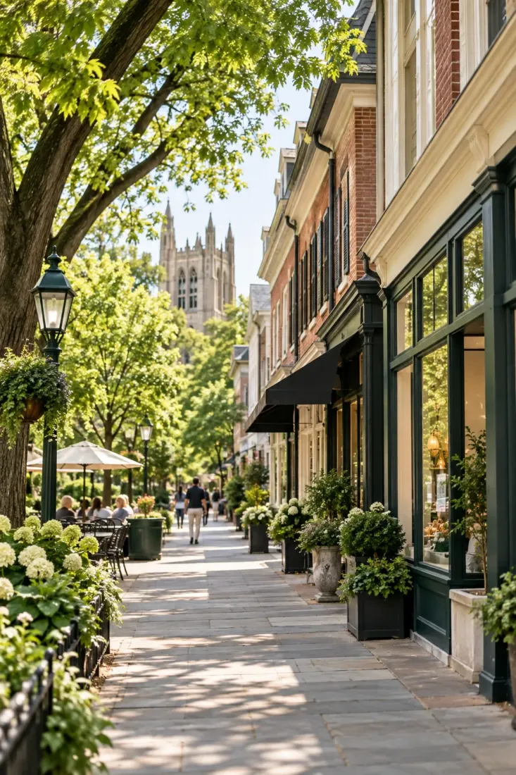 Tree-lined college-town street in New Jersey