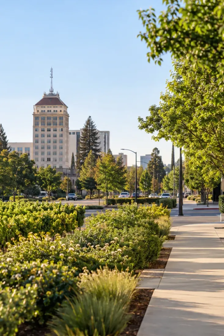 Tree-lined path in downtown Fresno