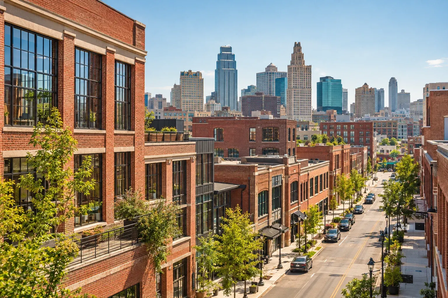 Tree-lined street with the Kansas City skyline