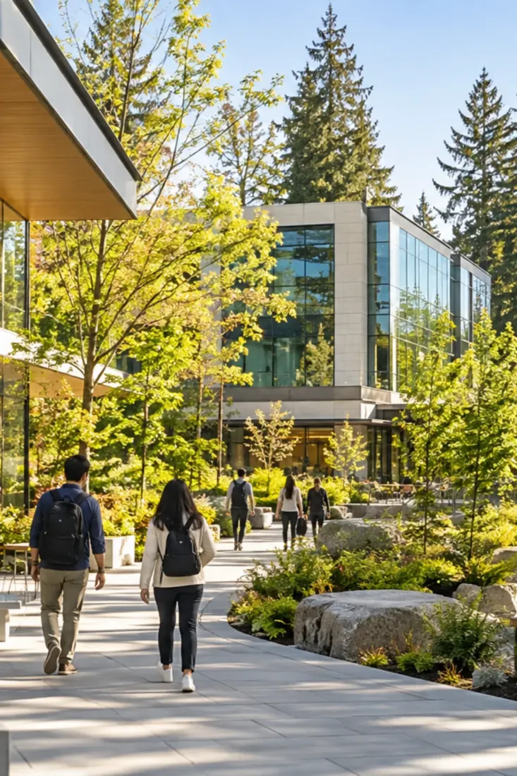 Tree-lined walkway on a Redmond tech campus
