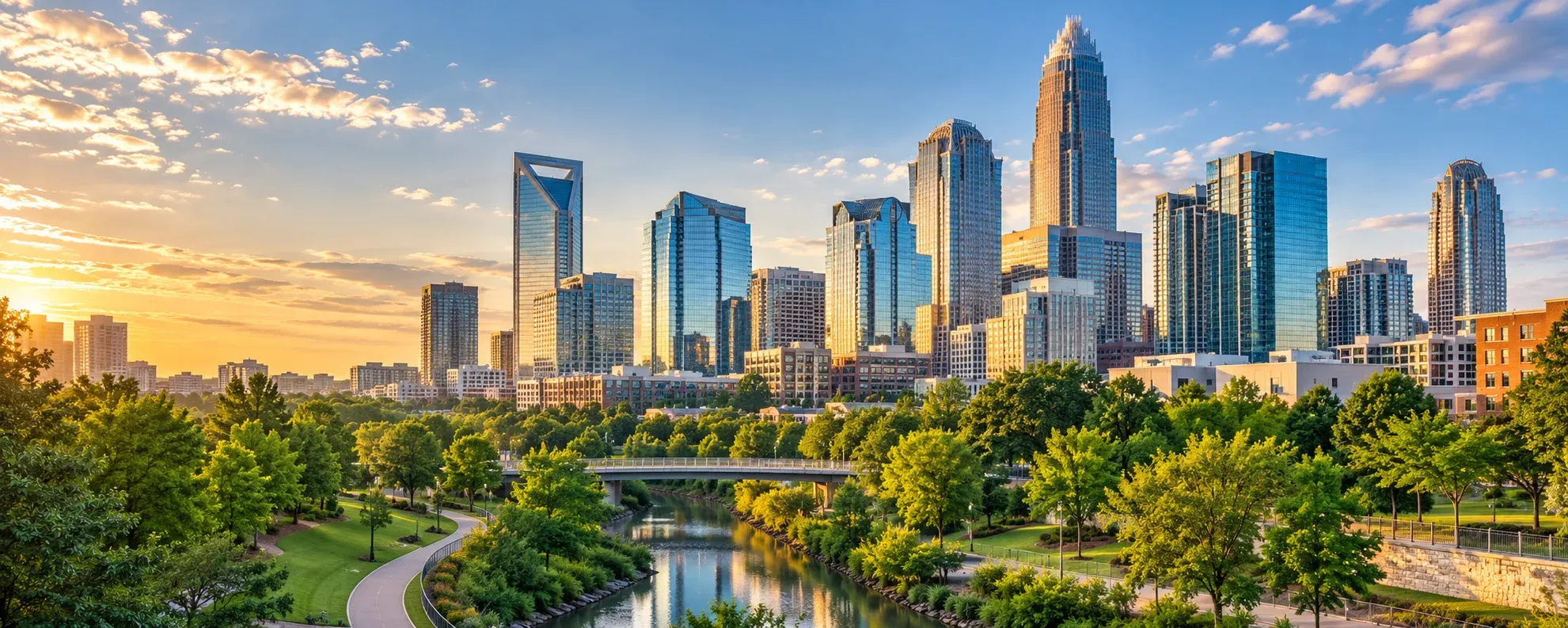 Uptown Charlotte skyline above the parks, where DevSolutionsAI provides AI services in Charlotte