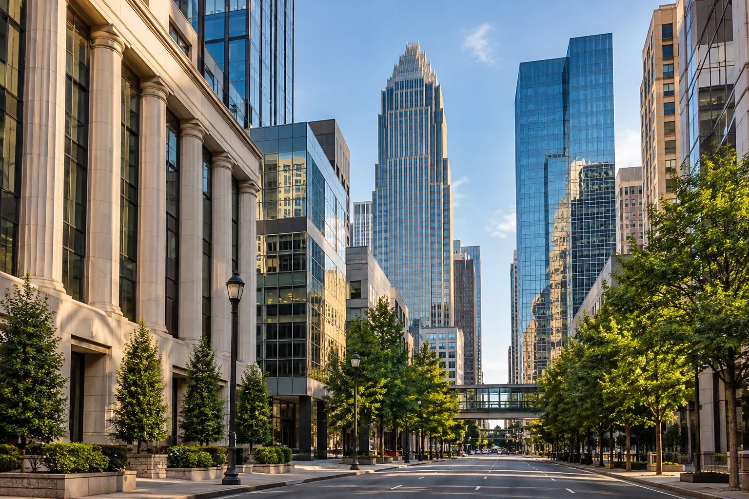 Uptown Charlotte towers along a tree-lined street