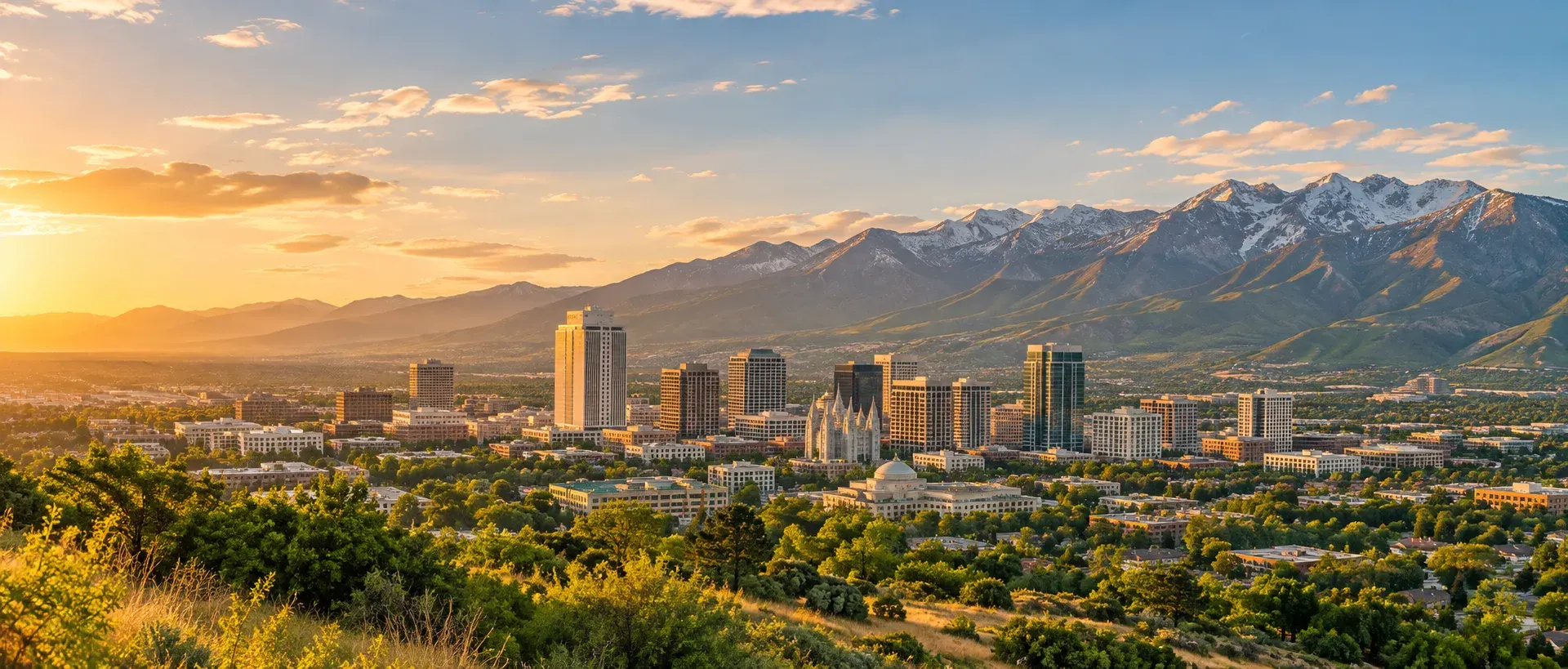 Utah city skyline below the Wasatch Mountains, where DevSolutionsAI provides AI services in Utah