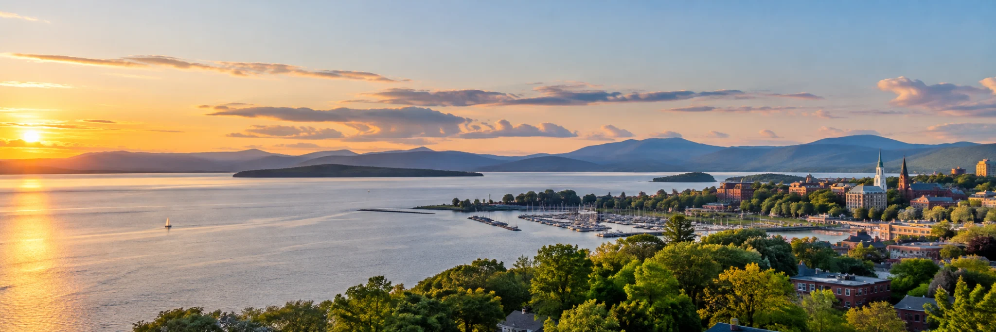 Burlington on Lake Champlain at sunset, where DevSolutionsAI provides AI services in Vermont