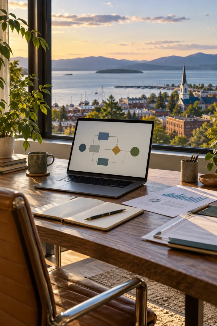 Laptop on a desk with a Lake Champlain view