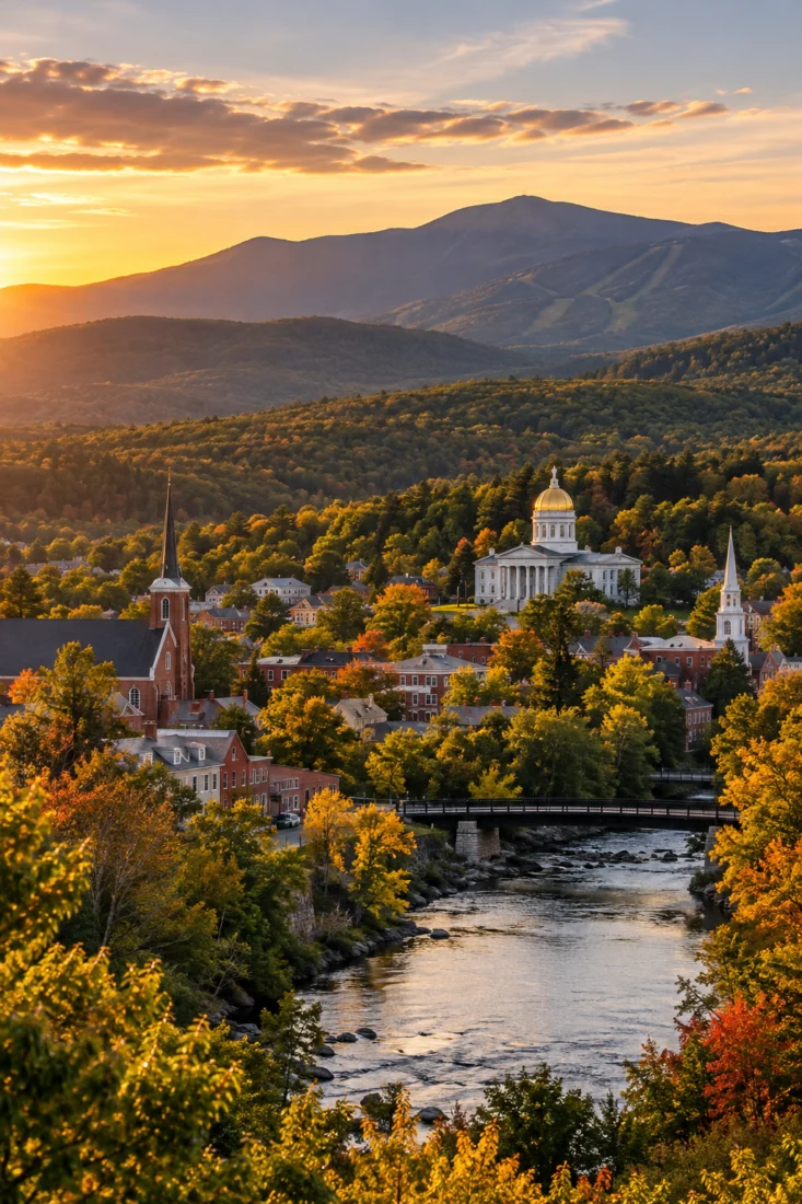 Vermont village and river in autumn colors