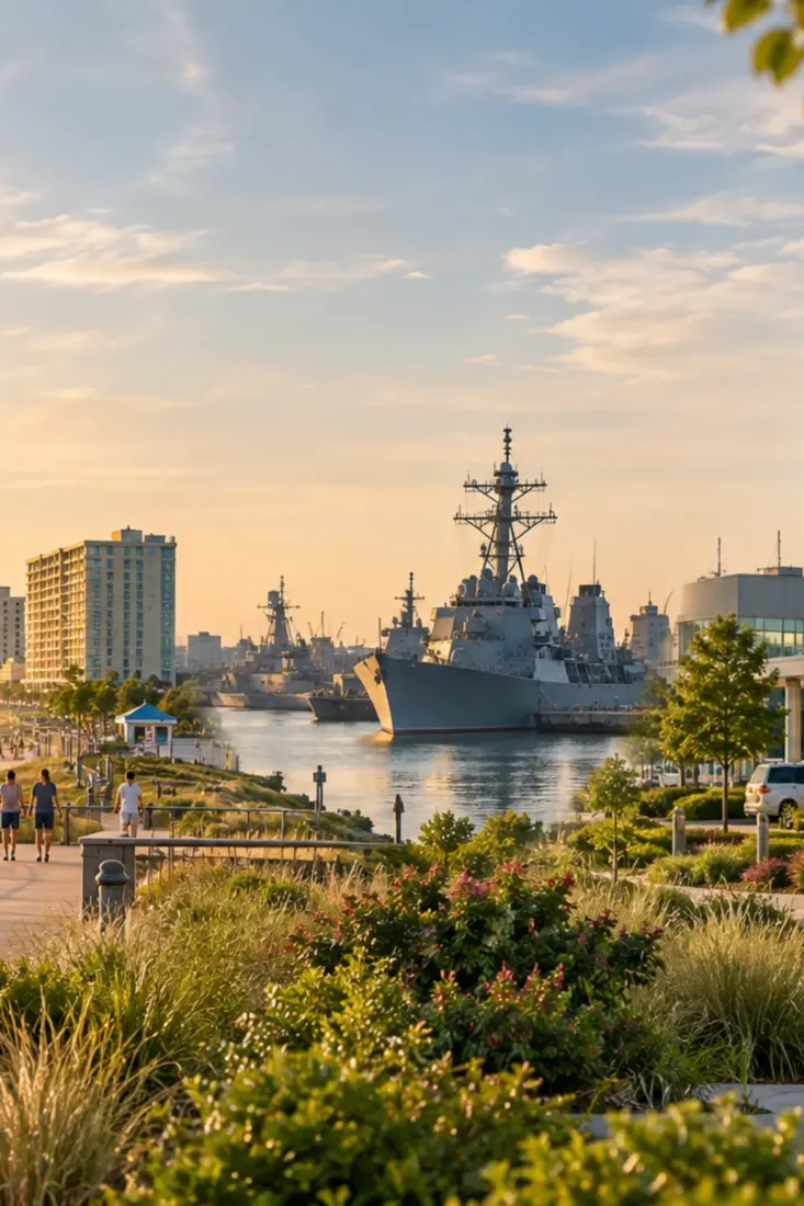 Navy ship at a Hampton Roads waterfront