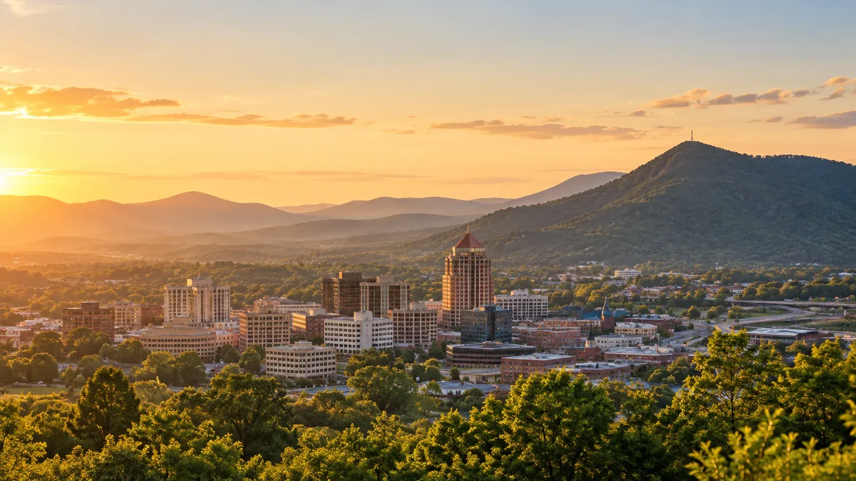 Virginia city and Blue Ridge Mountains at sunset, where DevSolutionsAI provides AI services in Virginia