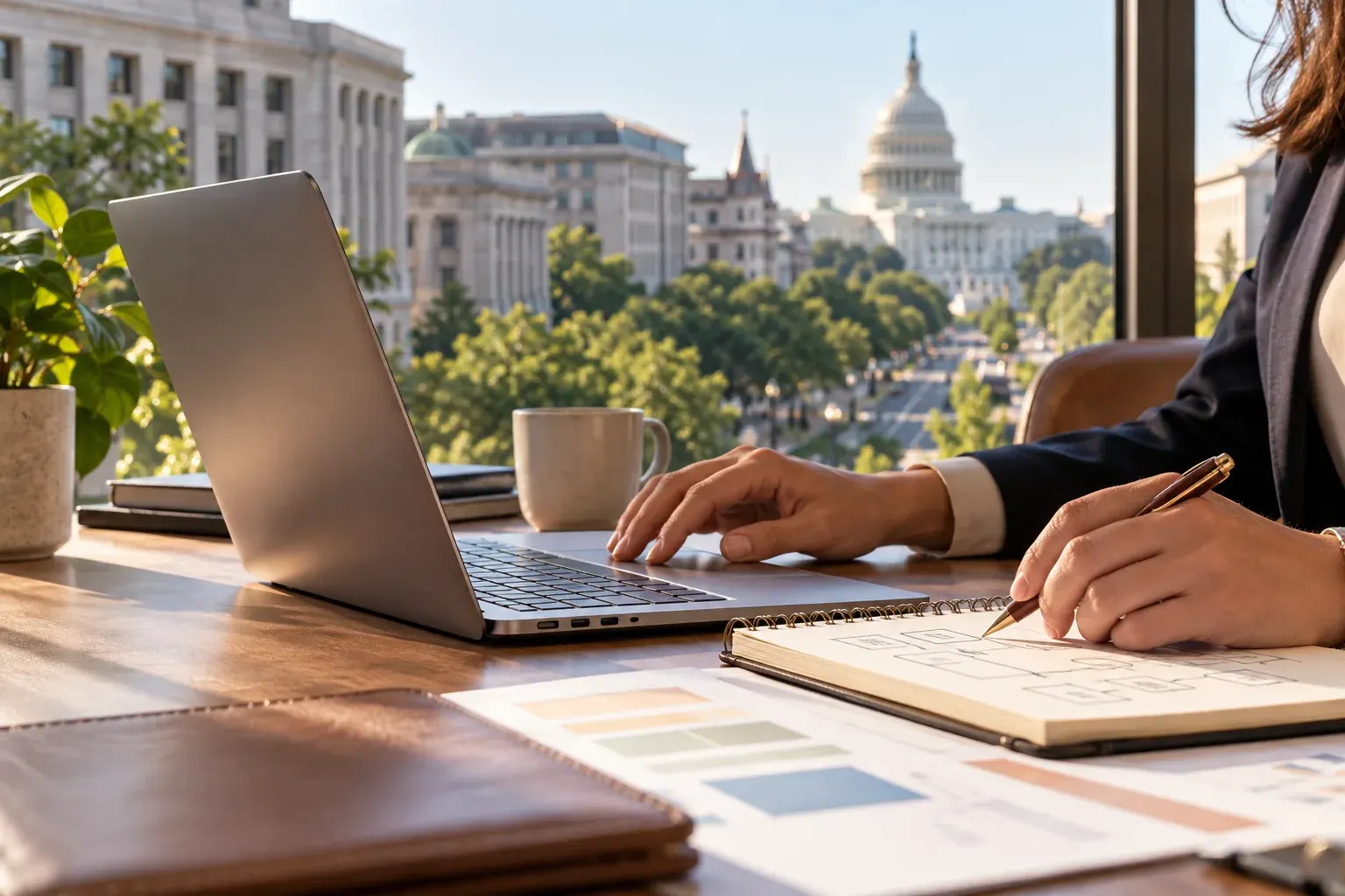 Laptop on a desk overlooking the U.S. Capitol