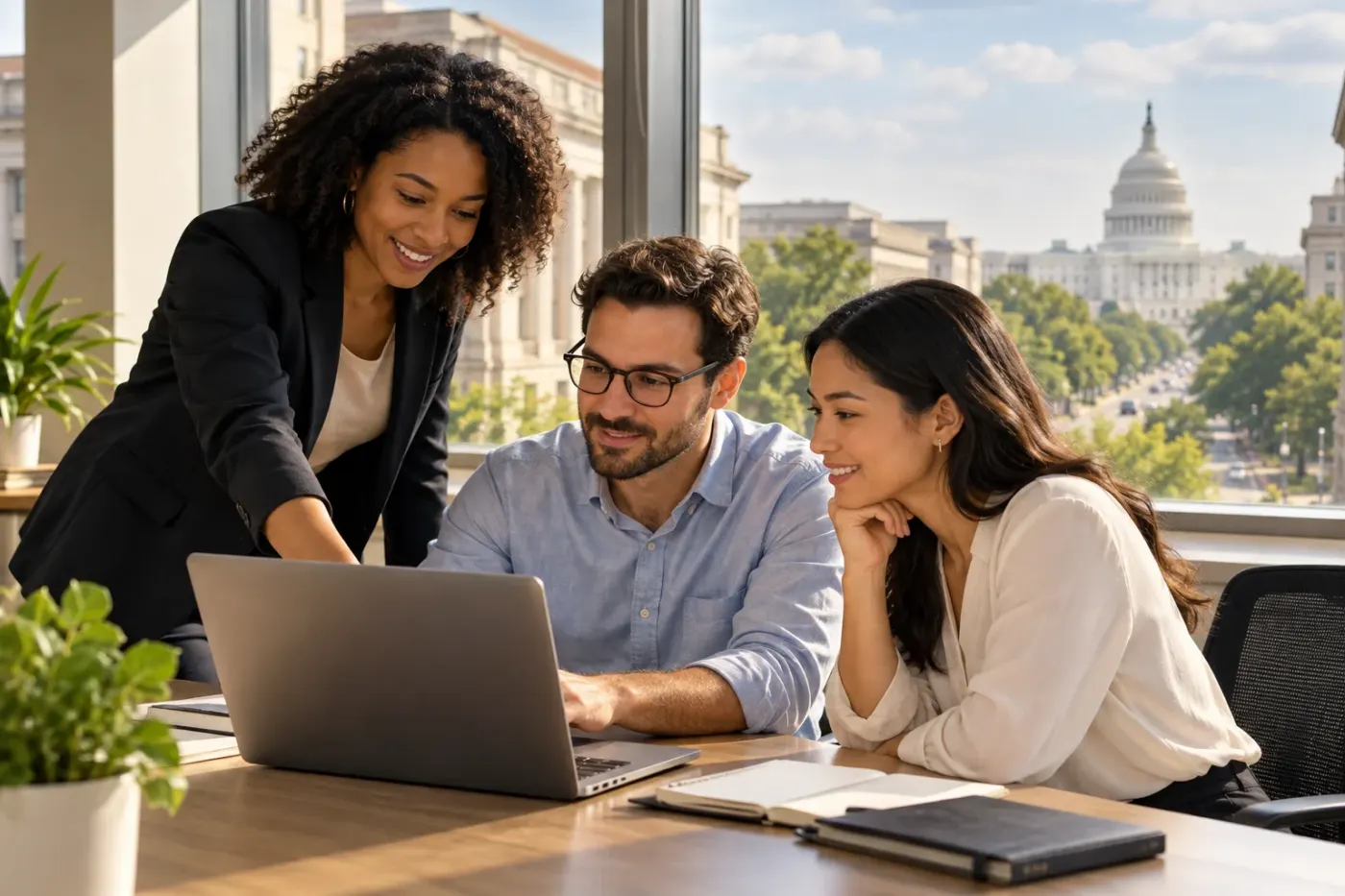 Team reviewing documents at a laptop with the U.S. Capitol in view