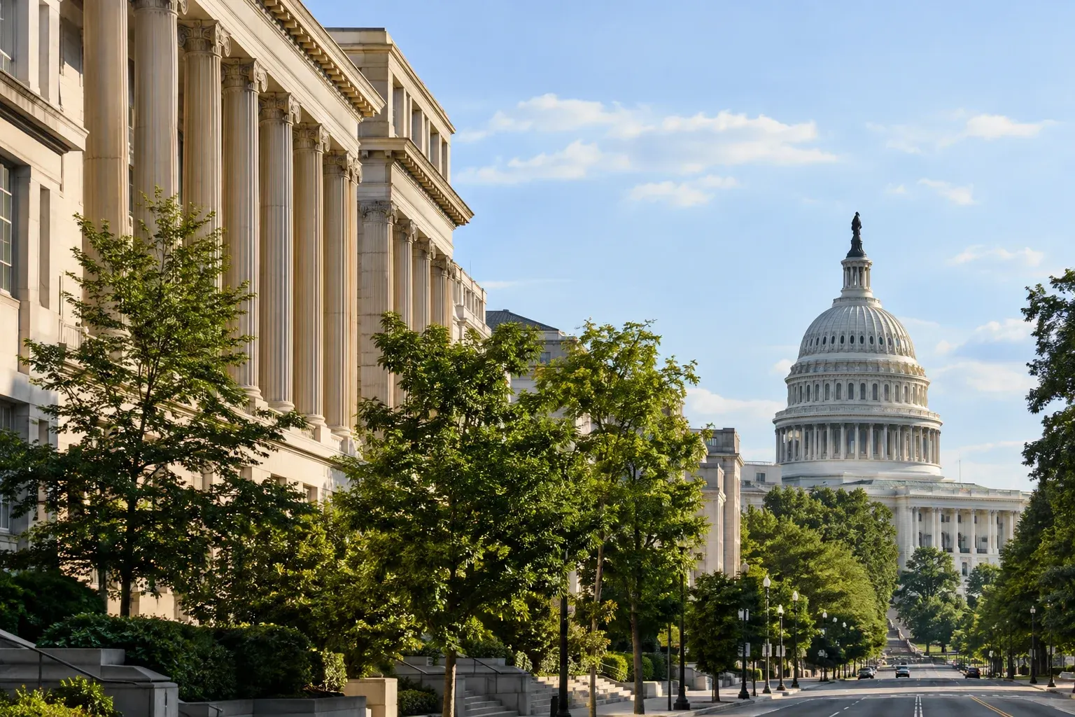 U.S. Capitol dome seen from a tree-lined Washington street