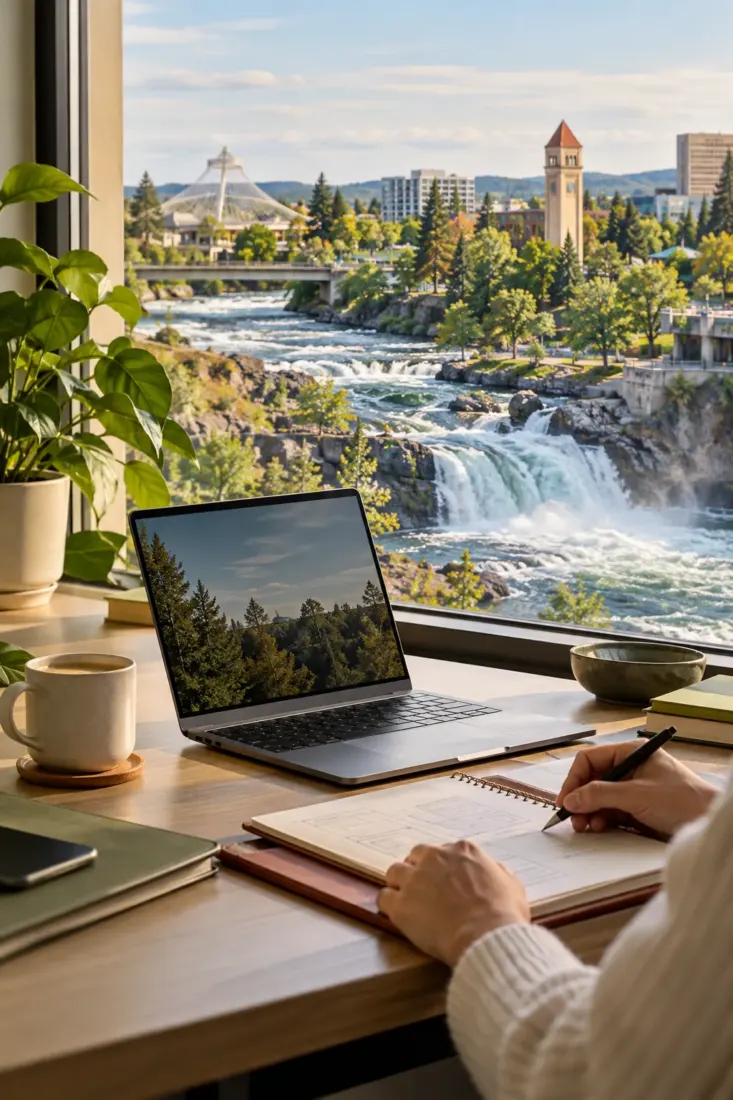 Laptop on a desk overlooking a Spokane waterfall