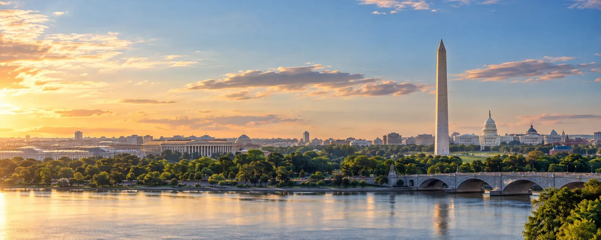 Washington Monument and the Potomac River at sunset, where DevSolutionsAI provides AI services in Washington, D.C.
