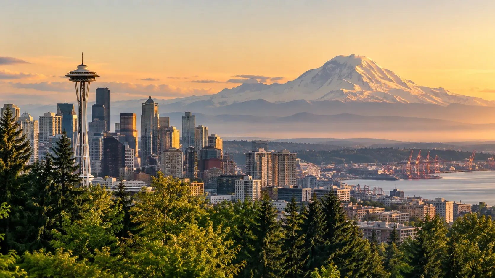 Seattle skyline with Mount Rainier at sunset, where DevSolutionsAI provides AI services in Washington