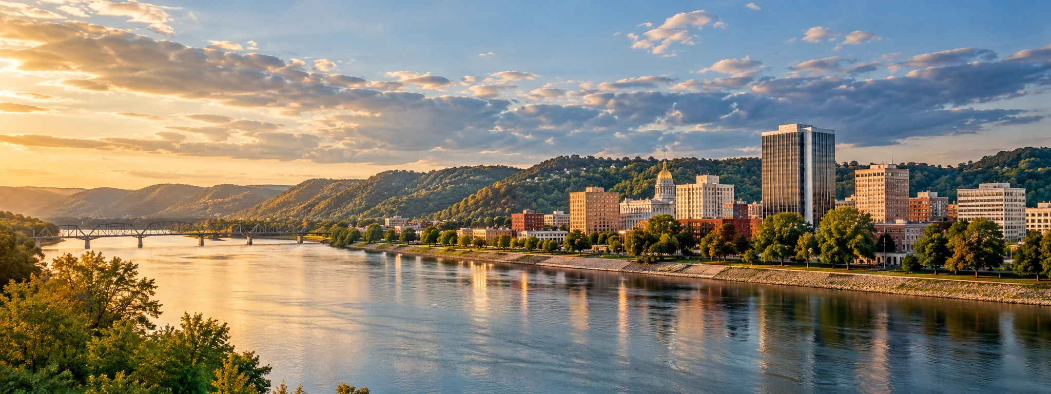 Charleston skyline on the Kanawha River, where DevSolutionsAI provides AI services in West Virginia
