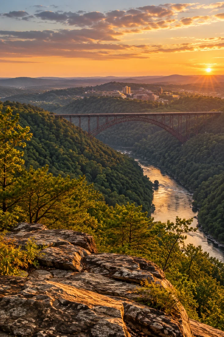 New River Gorge bridge and mountains at sunset