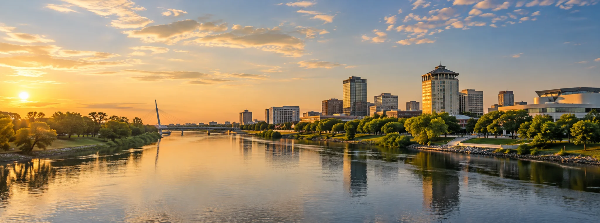 Wichita skyline along the Arkansas River, where DevSolutionsAI provides AI services in Kansas