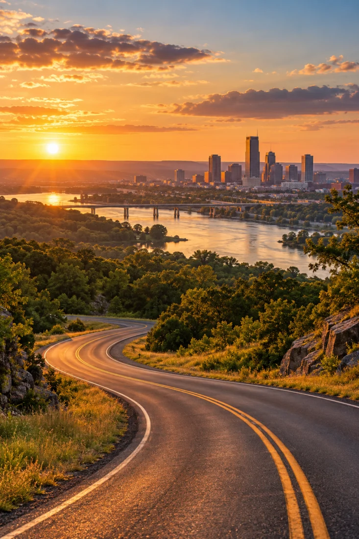 Winding road through green Oklahoma hills