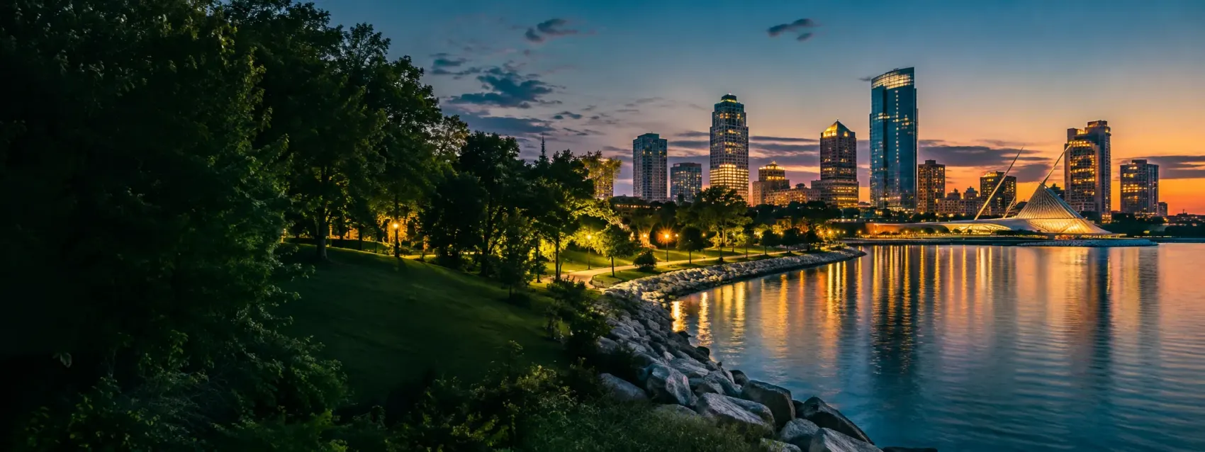 Wisconsin city skyline at night on the lake