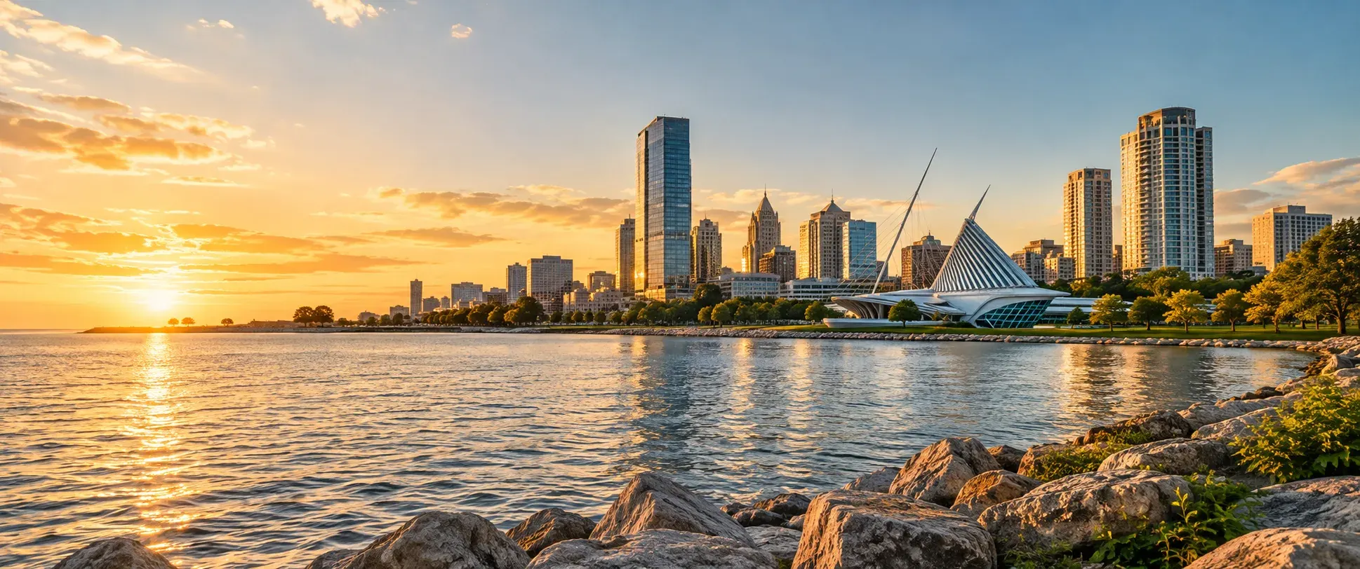 Milwaukee skyline on Lake Michigan at sunset, where DevSolutionsAI provides AI services in Wisconsin