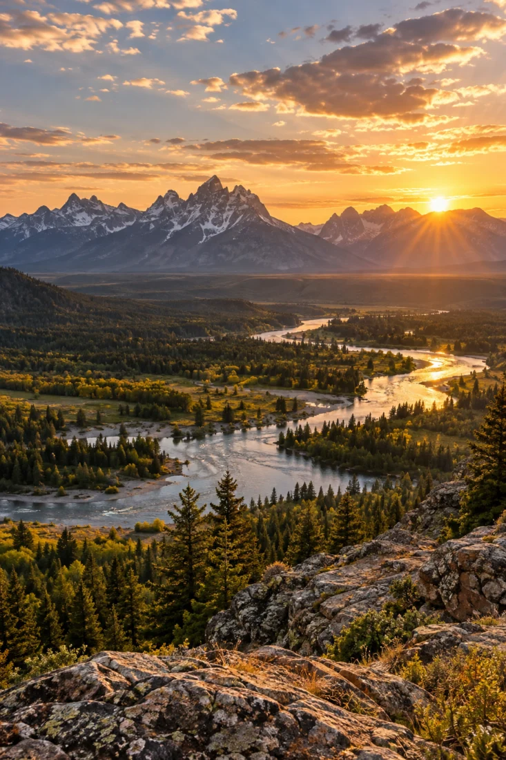Teton Range above a winding river at sunset